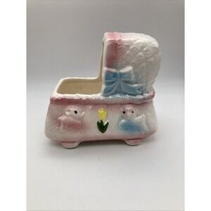 Vintage Ardco Nursery Bassinet Cradle Pastel Pink Blue Yellow Ceramic Planter